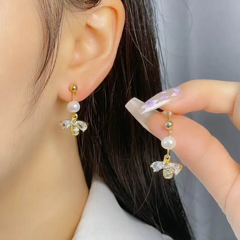 Copper Plated Pearl Bee Earrings for Women - Image 4