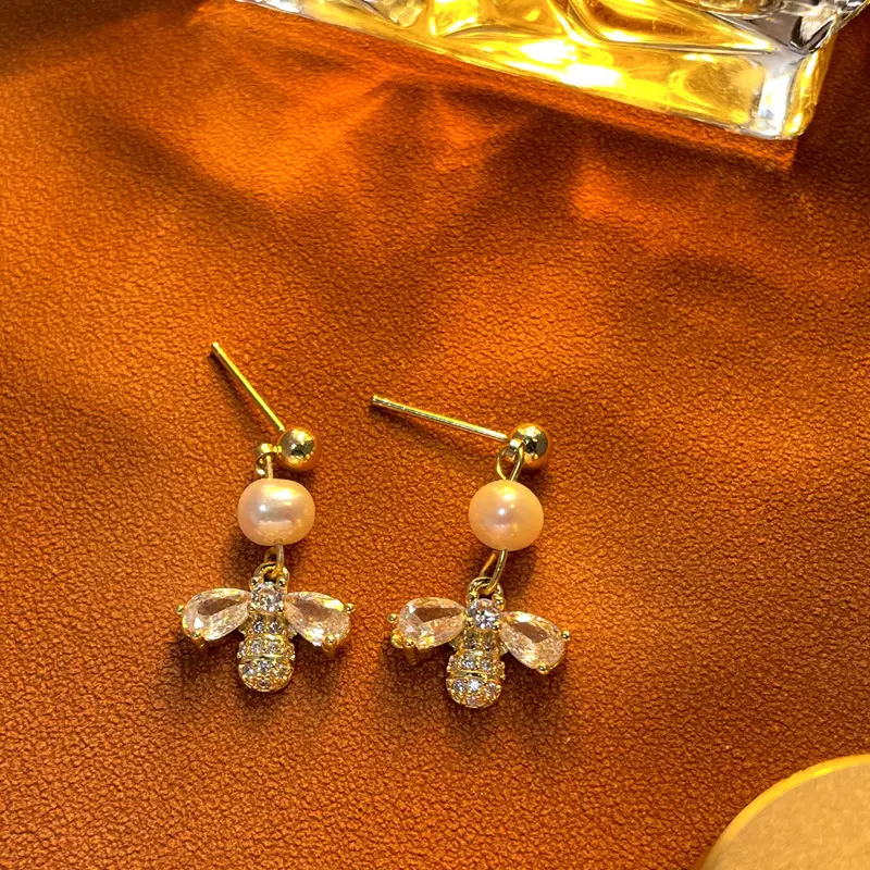 Copper Plated Pearl Bee Earrings for Women - Image 5