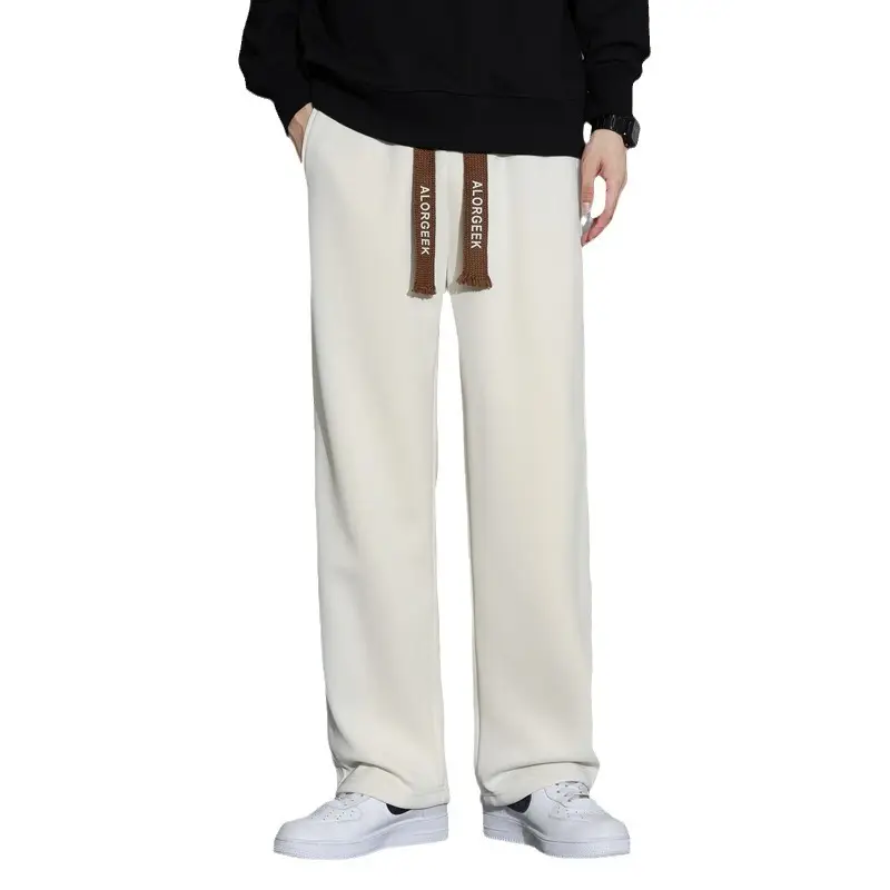 Men's Wide Leg Cotton Trousers Cream Spring Autumn - Image 8