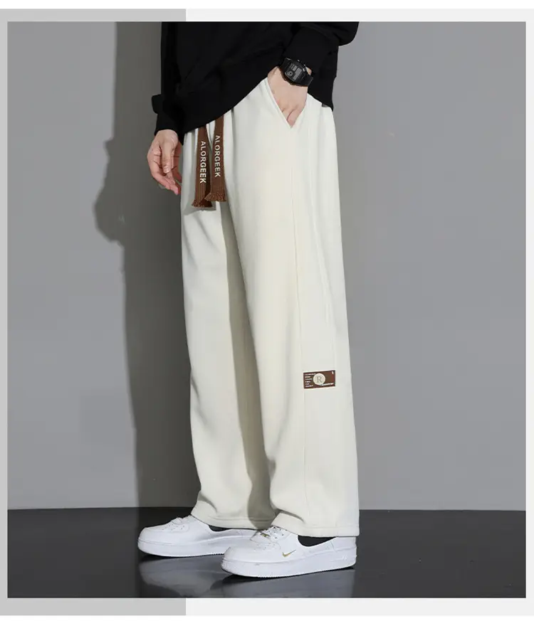 Men's Wide Leg Cotton Trousers Cream Spring Autumn — feature 11