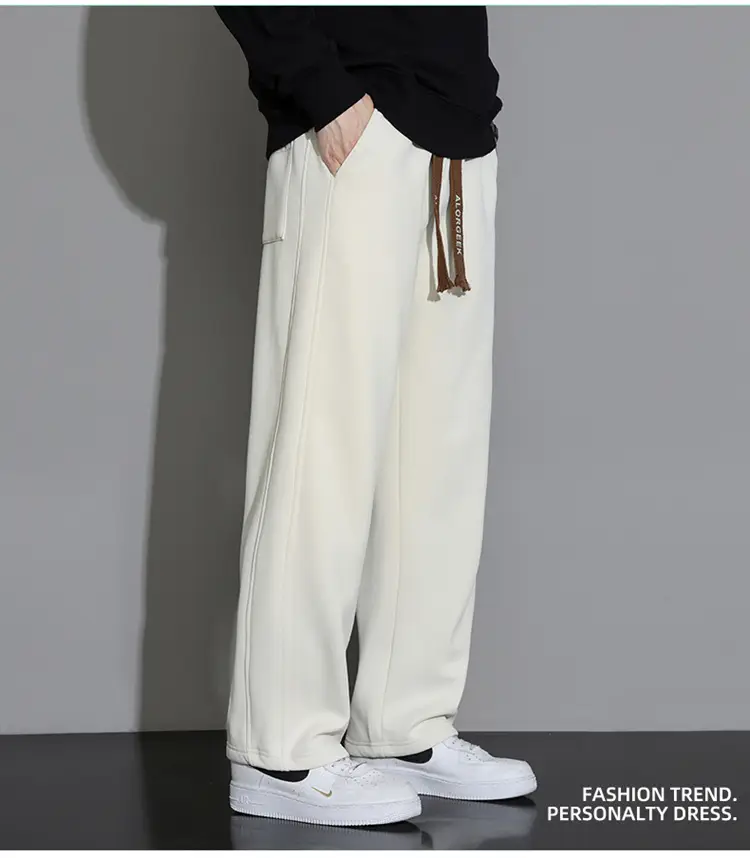 Men's Wide Leg Cotton Trousers Cream Spring Autumn — feature 12