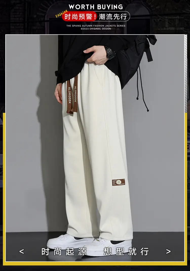 Men's Wide Leg Cotton Trousers Cream Spring Autumn — feature 4
