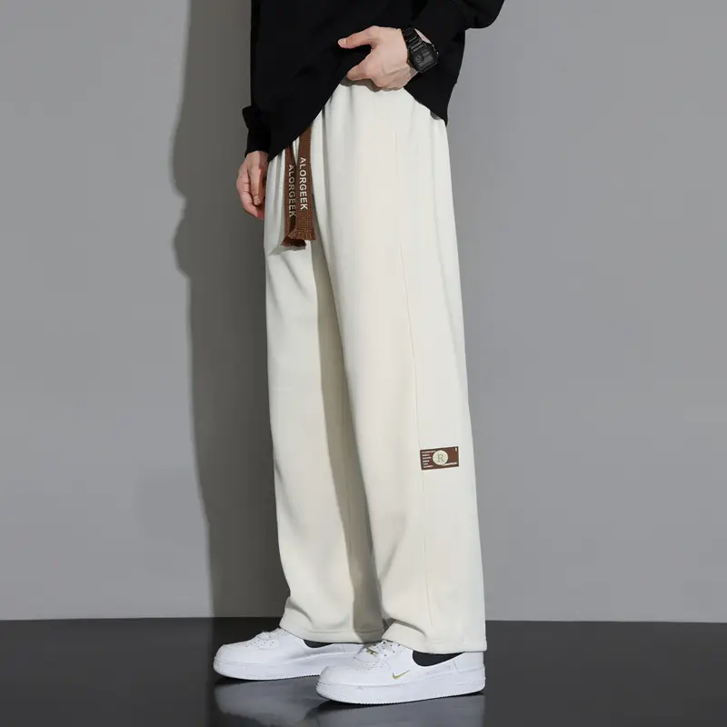 Men's Wide Leg Cotton Trousers Cream Spring Autumn - Image 3
