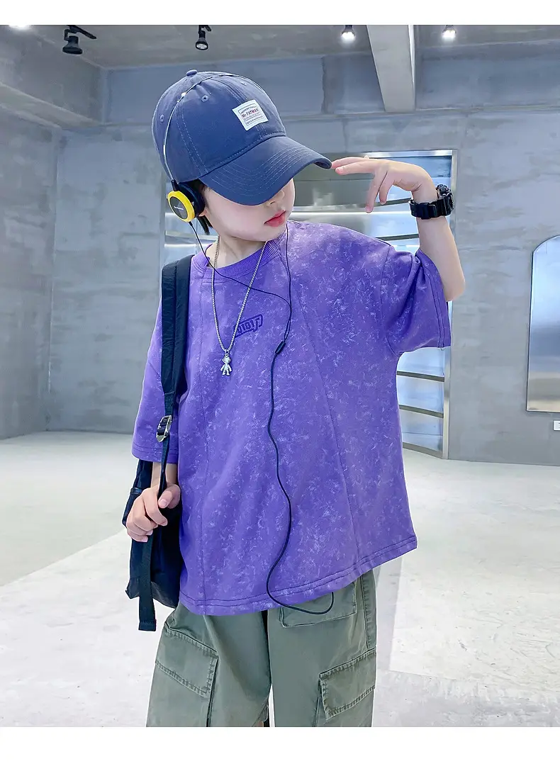 Boys Loose T-Shirt Black Patterned 2024 Summer — feature 16