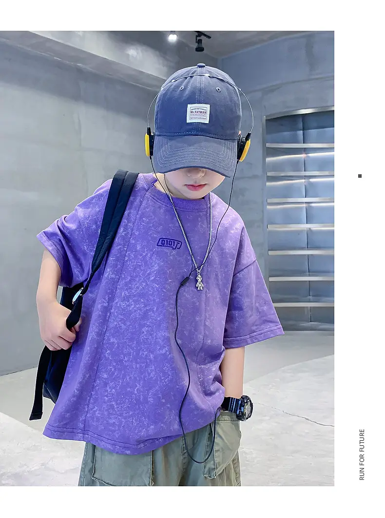 Boys Loose T-Shirt Black Patterned 2024 Summer — feature 17