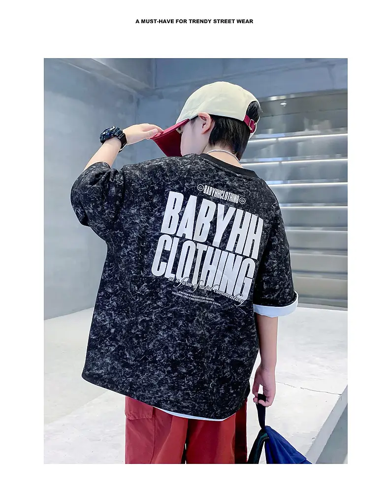 Boys Loose T-Shirt Black Patterned 2024 Summer — feature 2