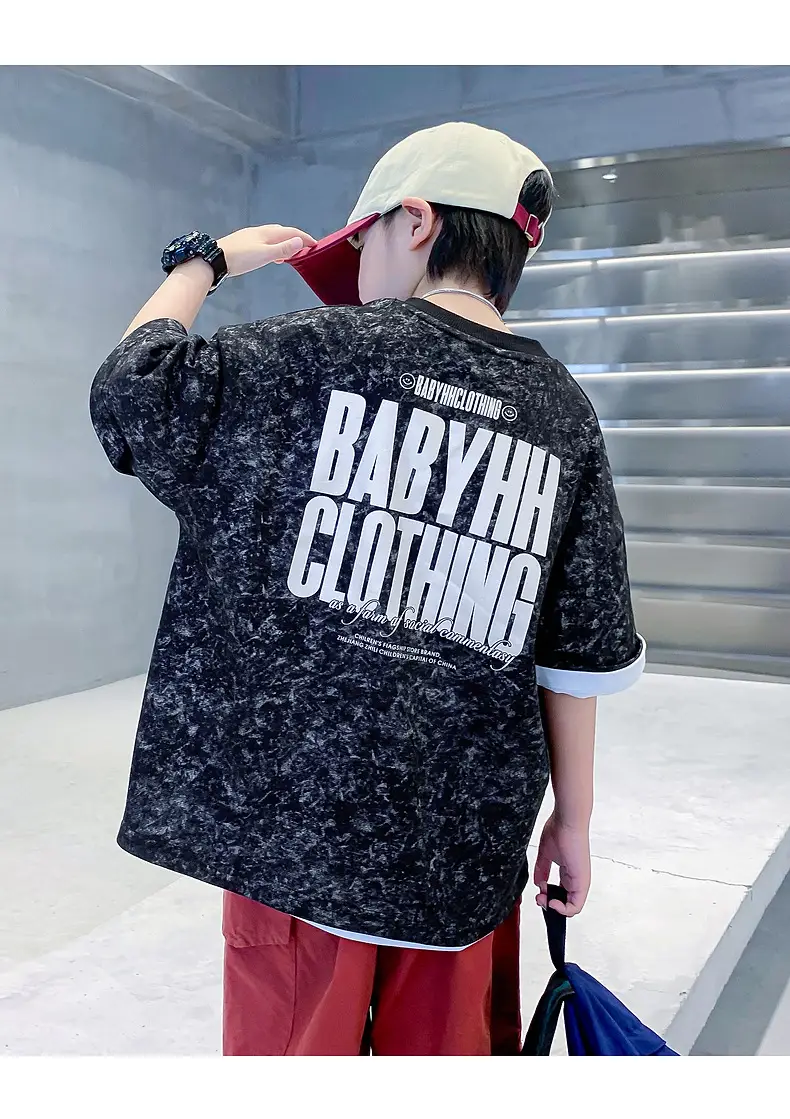 Boys Loose T-Shirt Black Patterned 2024 Summer — feature 22
