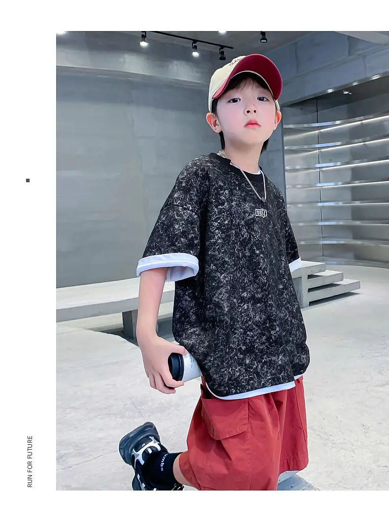 Boys Loose T-Shirt Black Patterned 2024 Summer — feature 23