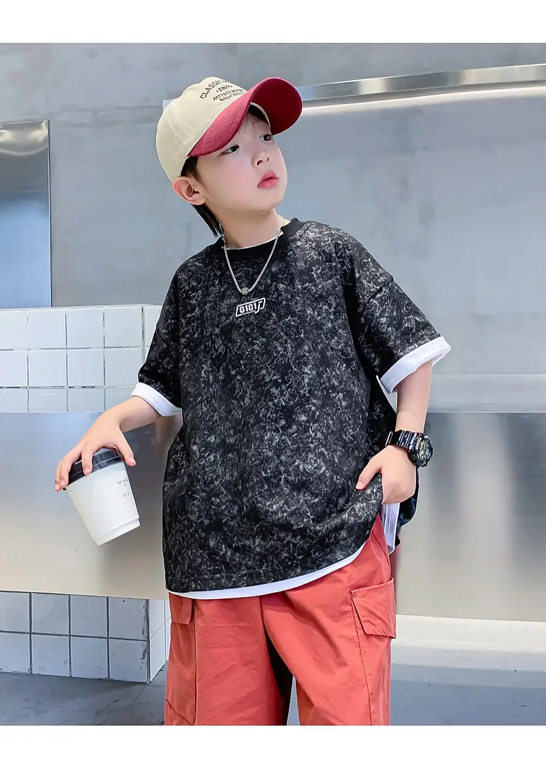 Boys Loose T-Shirt Black Patterned 2024 Summer — feature 24
