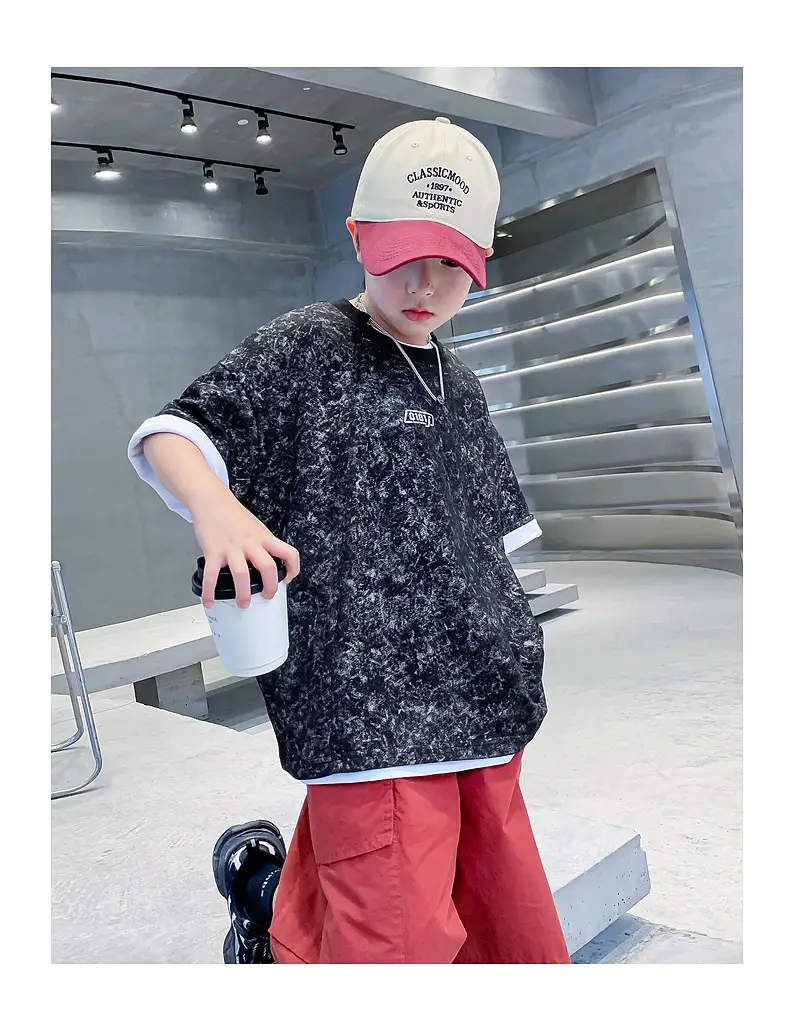 Boys Loose T-Shirt Black Patterned 2024 Summer — feature 25