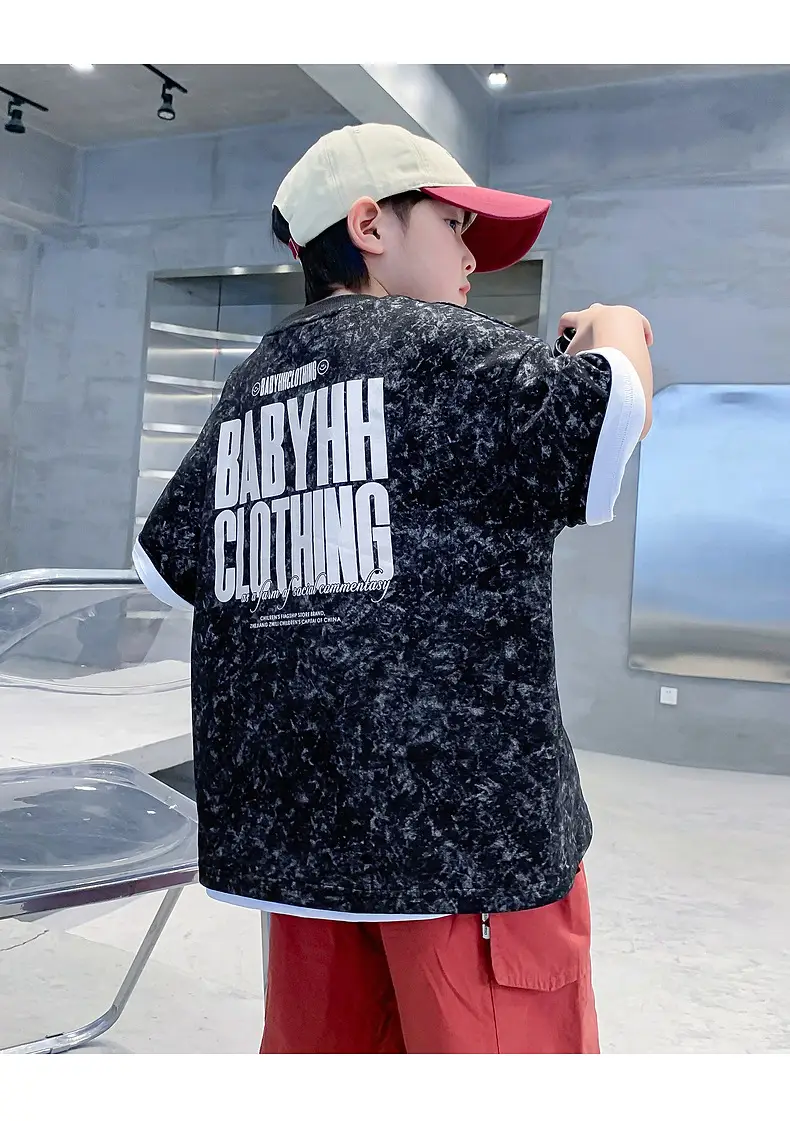 Boys Loose T-Shirt Black Patterned 2024 Summer — feature 26