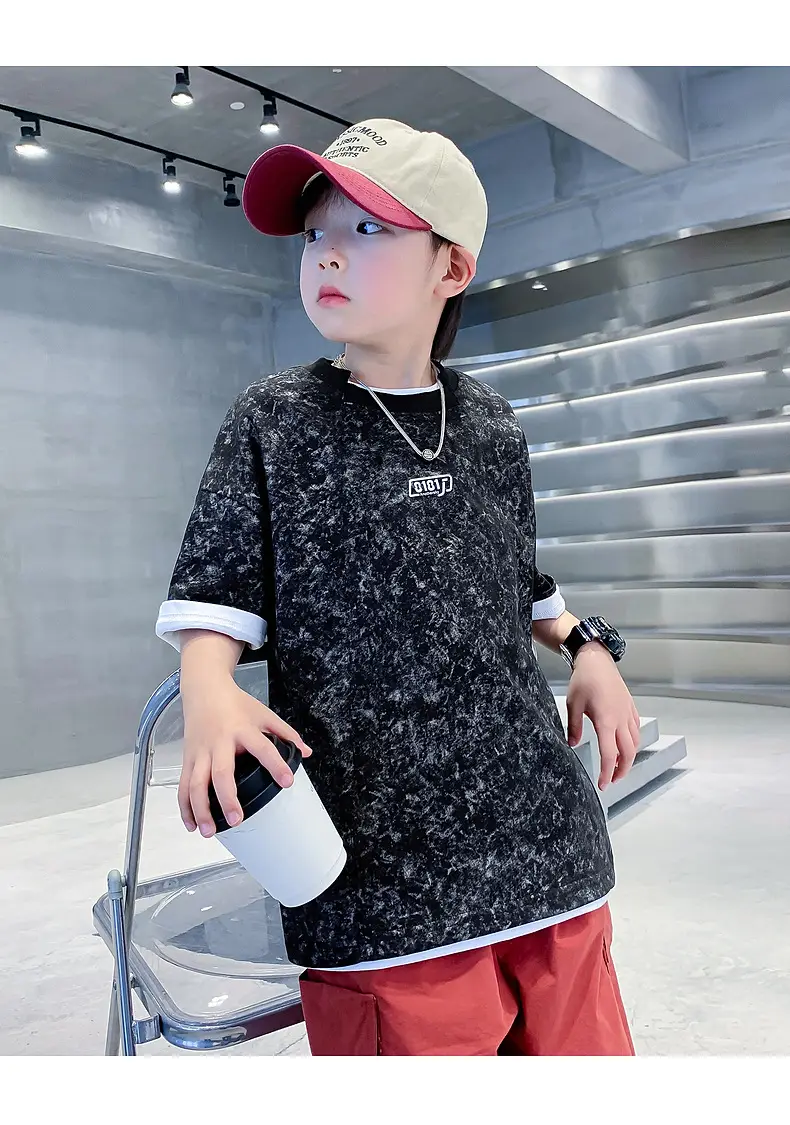 Boys Loose T-Shirt Black Patterned 2024 Summer — feature 27