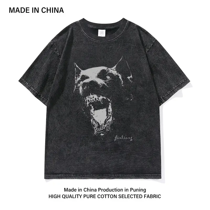 Heavy Cotton Washed Wolf Leopard Print T-Shirt for Men — feature 2