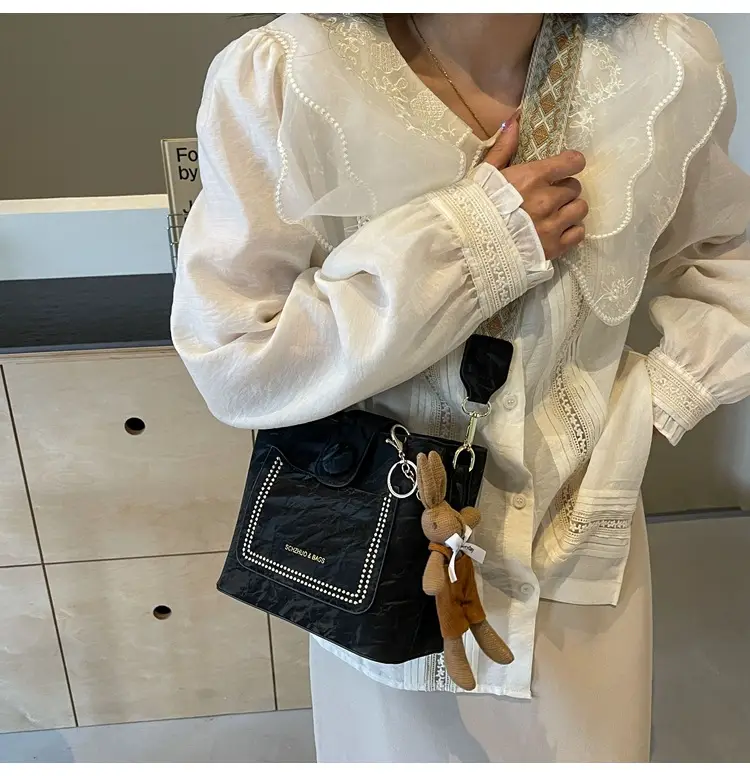Women's Black Quilted Shoulder Bag with Rhinestone Detail — feature 10