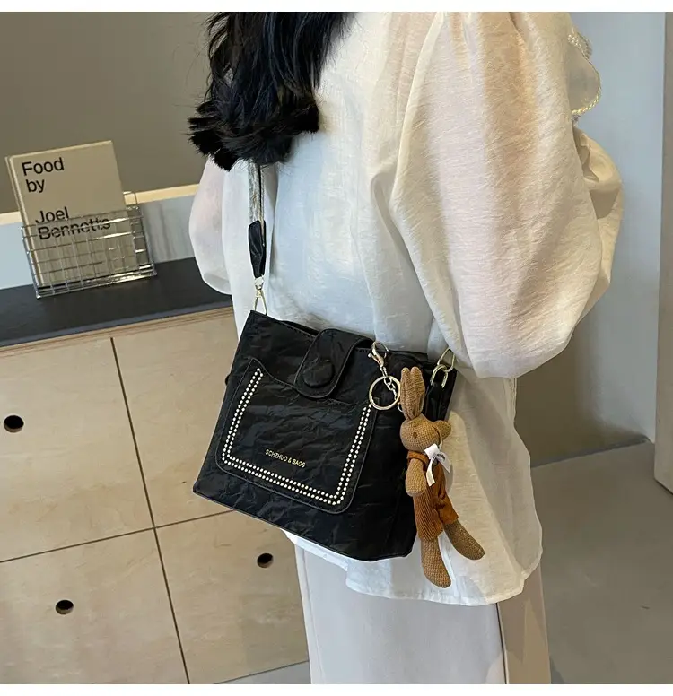 Women's Black Quilted Shoulder Bag with Rhinestone Detail — feature 11