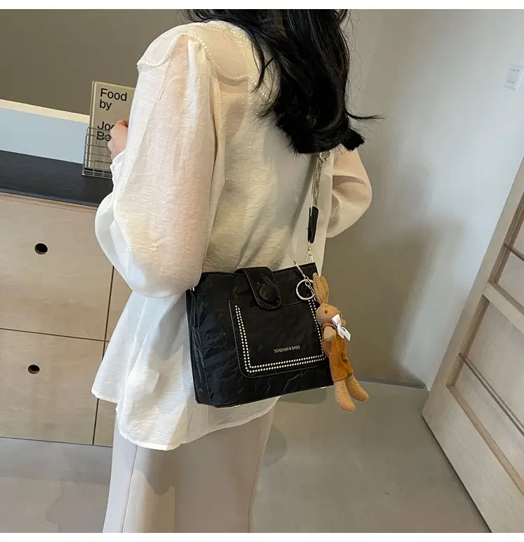 Women's Black Quilted Shoulder Bag with Rhinestone Detail — feature 12