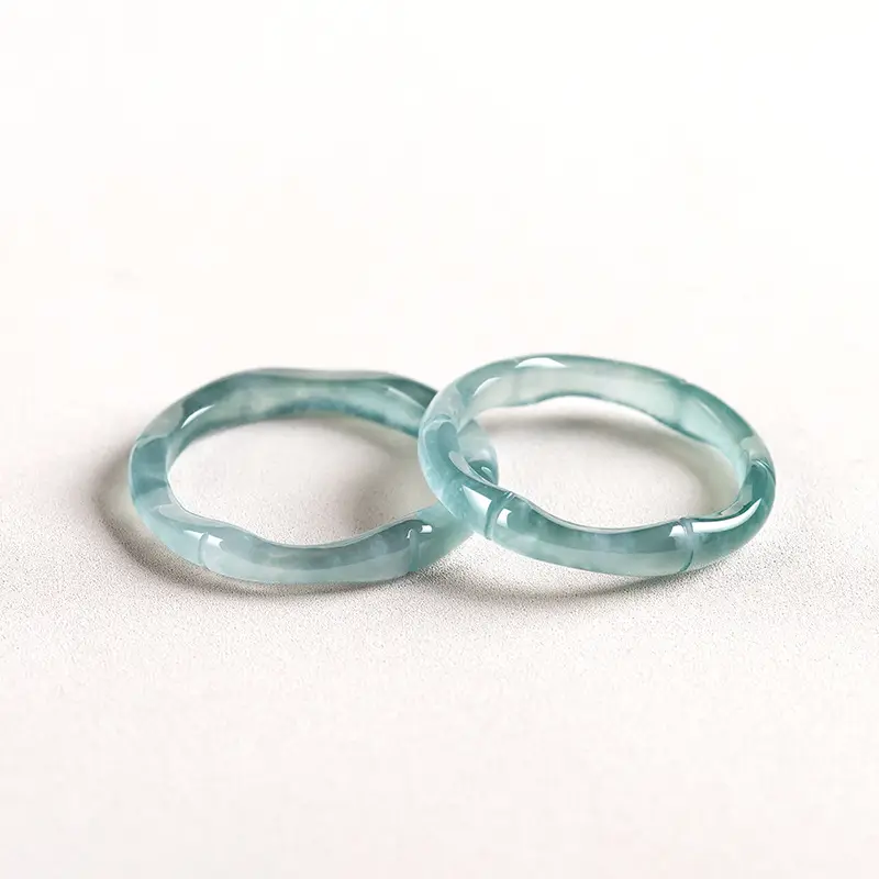 Jade Blue Water Bamboo Ring Women's 3D Carved Stone - Image 3