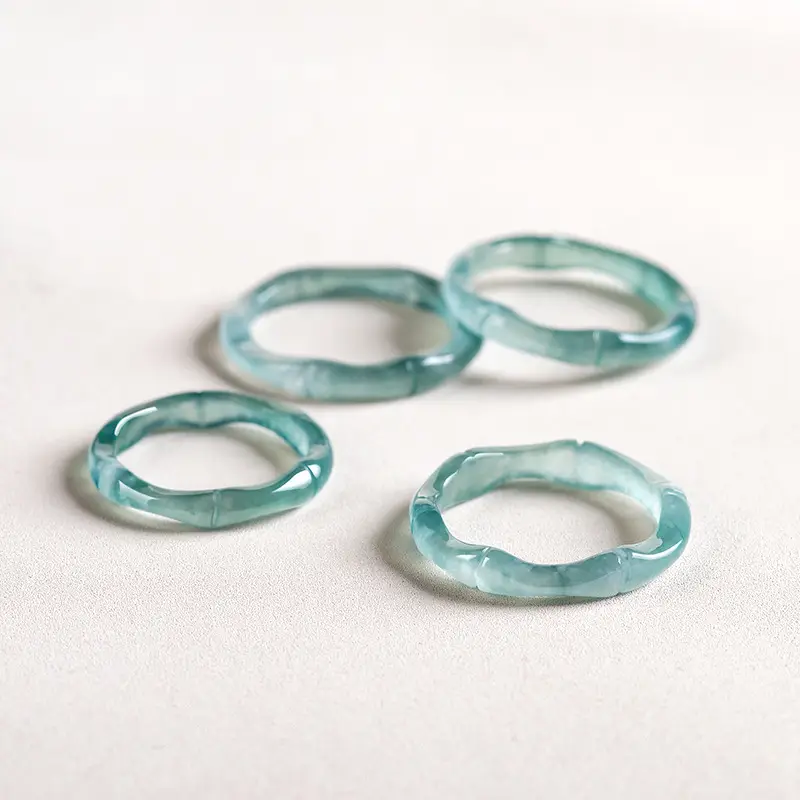Jade Blue Water Bamboo Ring Women's 3D Carved Stone - Image 4