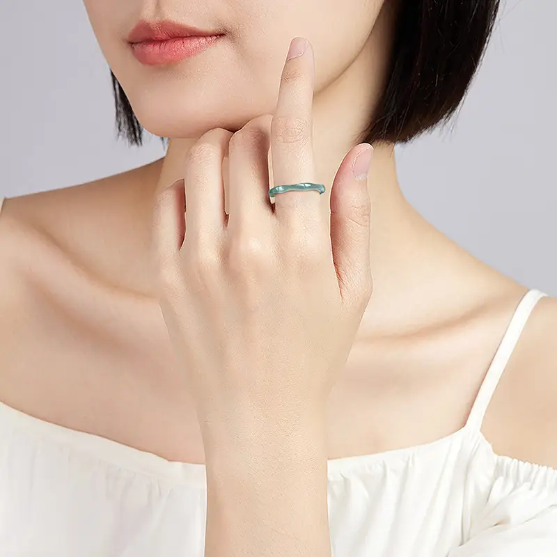 Jade Blue Water Bamboo Ring Women's 3D Carved Stone - Image 5