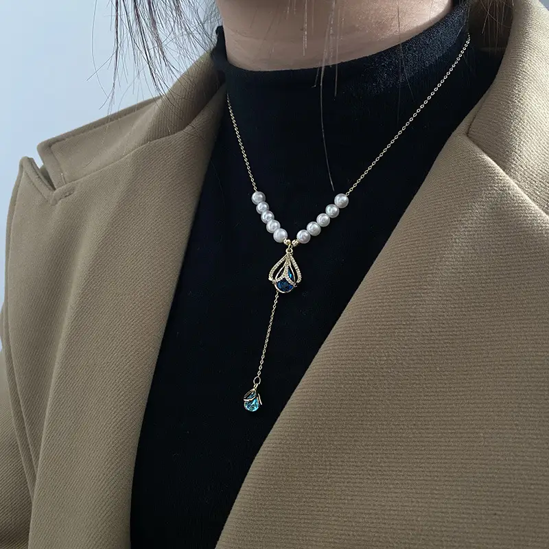Women's Pearl Necklace with Blue Crystal Pendant - Image 3