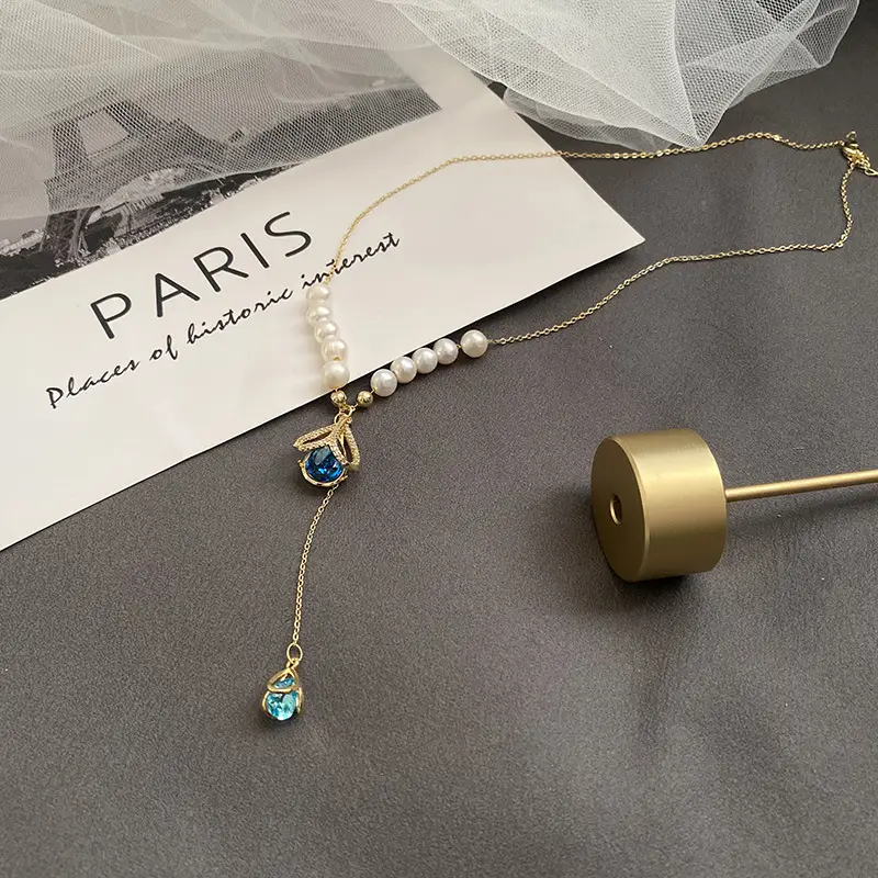 Women's Pearl Necklace with Blue Crystal Pendant - Image 4