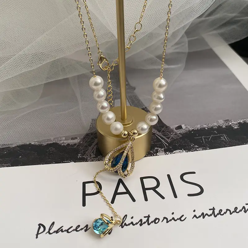 Women's Pearl Necklace with Blue Crystal Pendant - Image 5