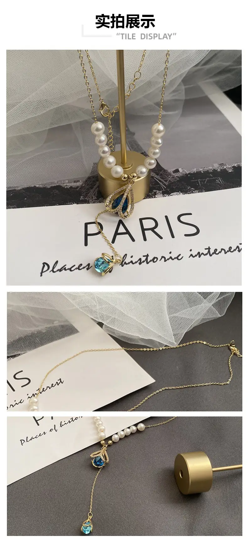 Women's Pearl Necklace with Blue Crystal Pendant — feature 4