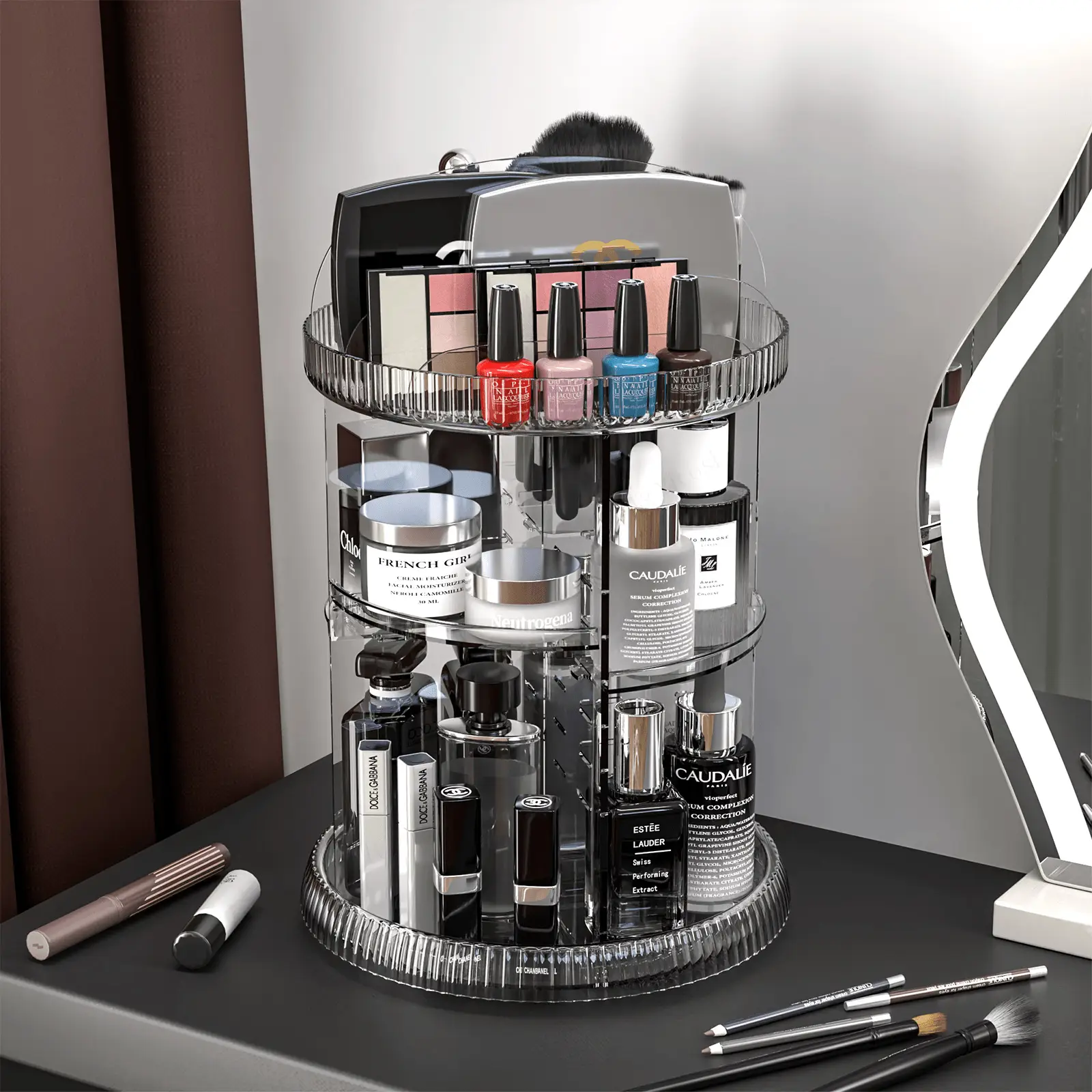 Transparent Rotating Makeup & Skin Care Storage Box with Brush Holder — feature 3
