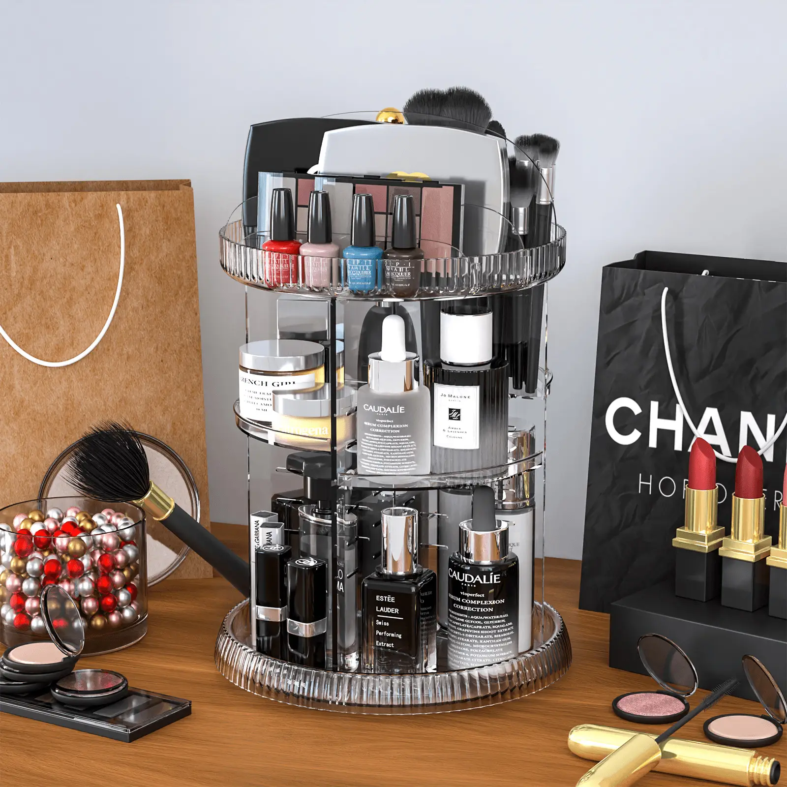 Transparent Rotating Makeup & Skin Care Storage Box with Brush Holder — feature 4