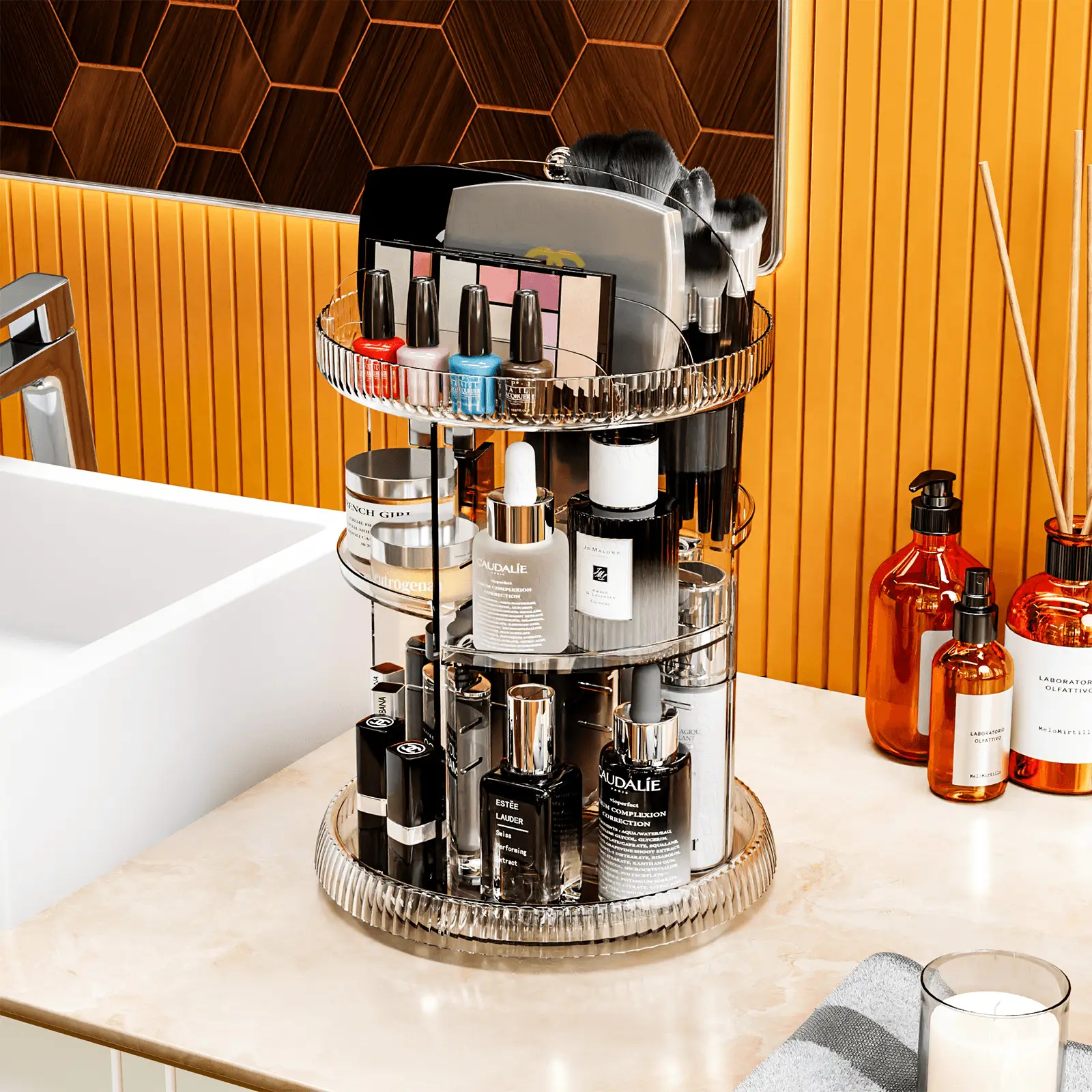 Transparent Rotating Makeup & Skin Care Storage Box with Brush Holder — feature 6
