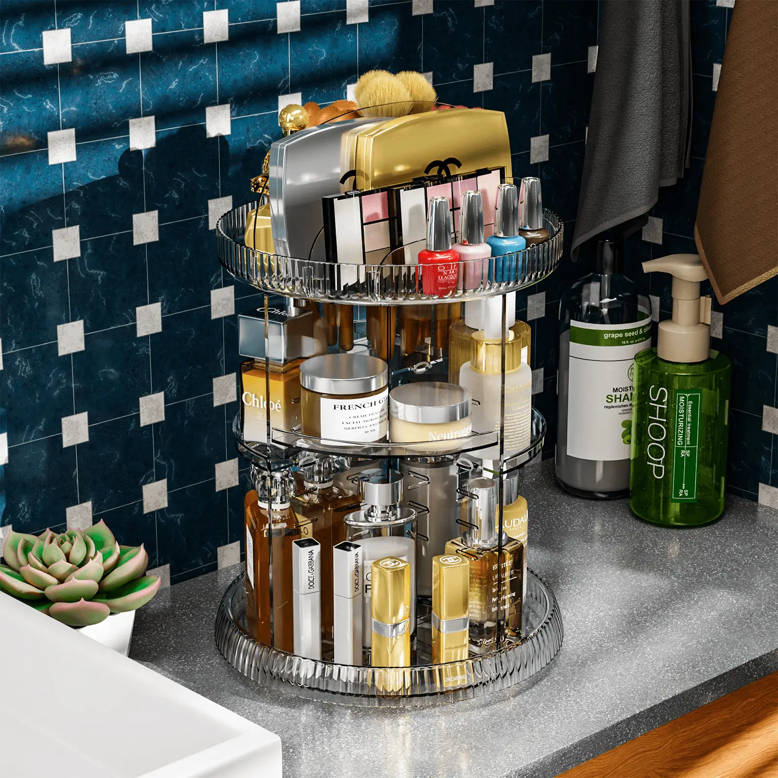 Transparent Rotating Makeup & Skin Care Storage Box with Brush Holder — feature 7