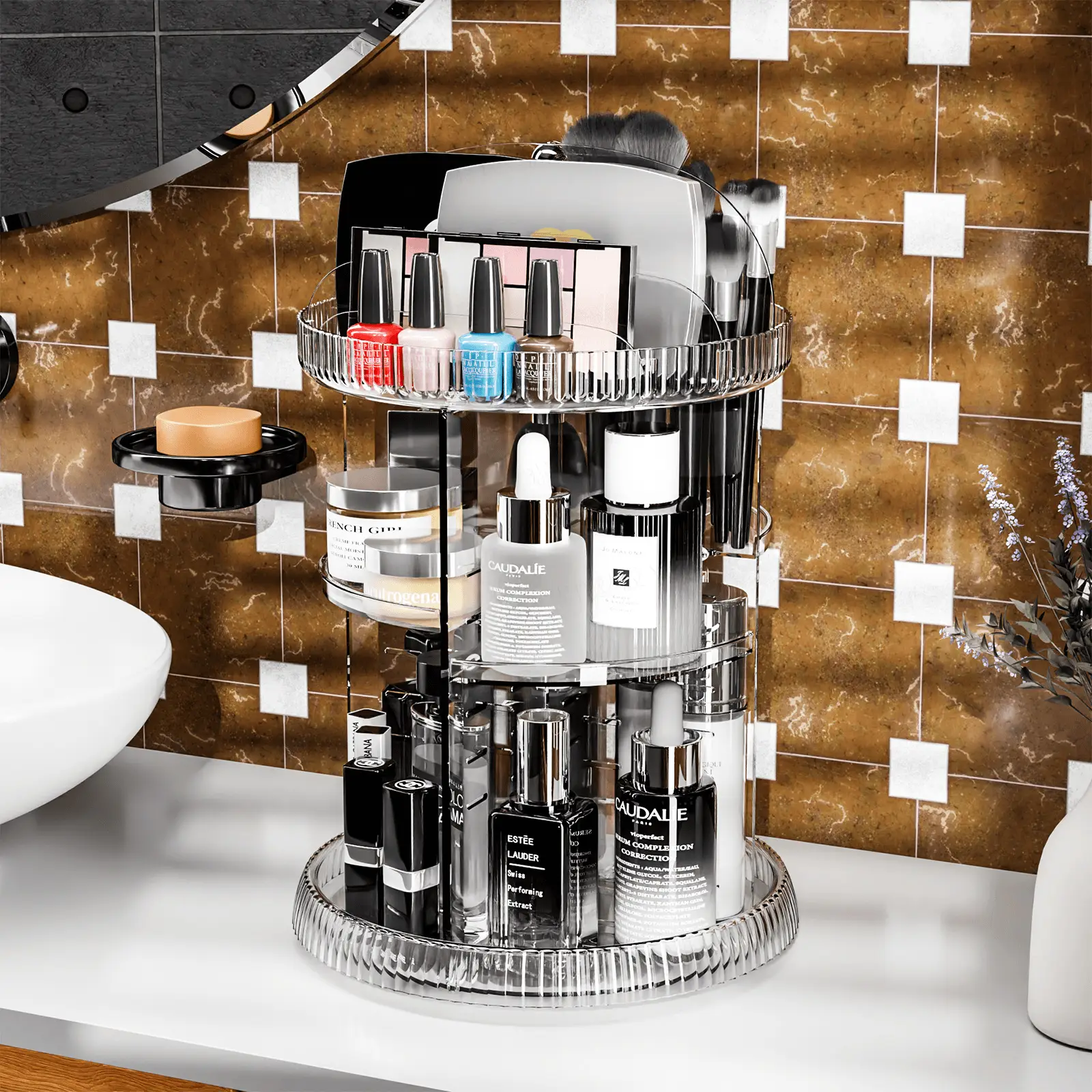 Transparent Rotating Makeup & Skin Care Storage Box with Brush Holder — feature 8