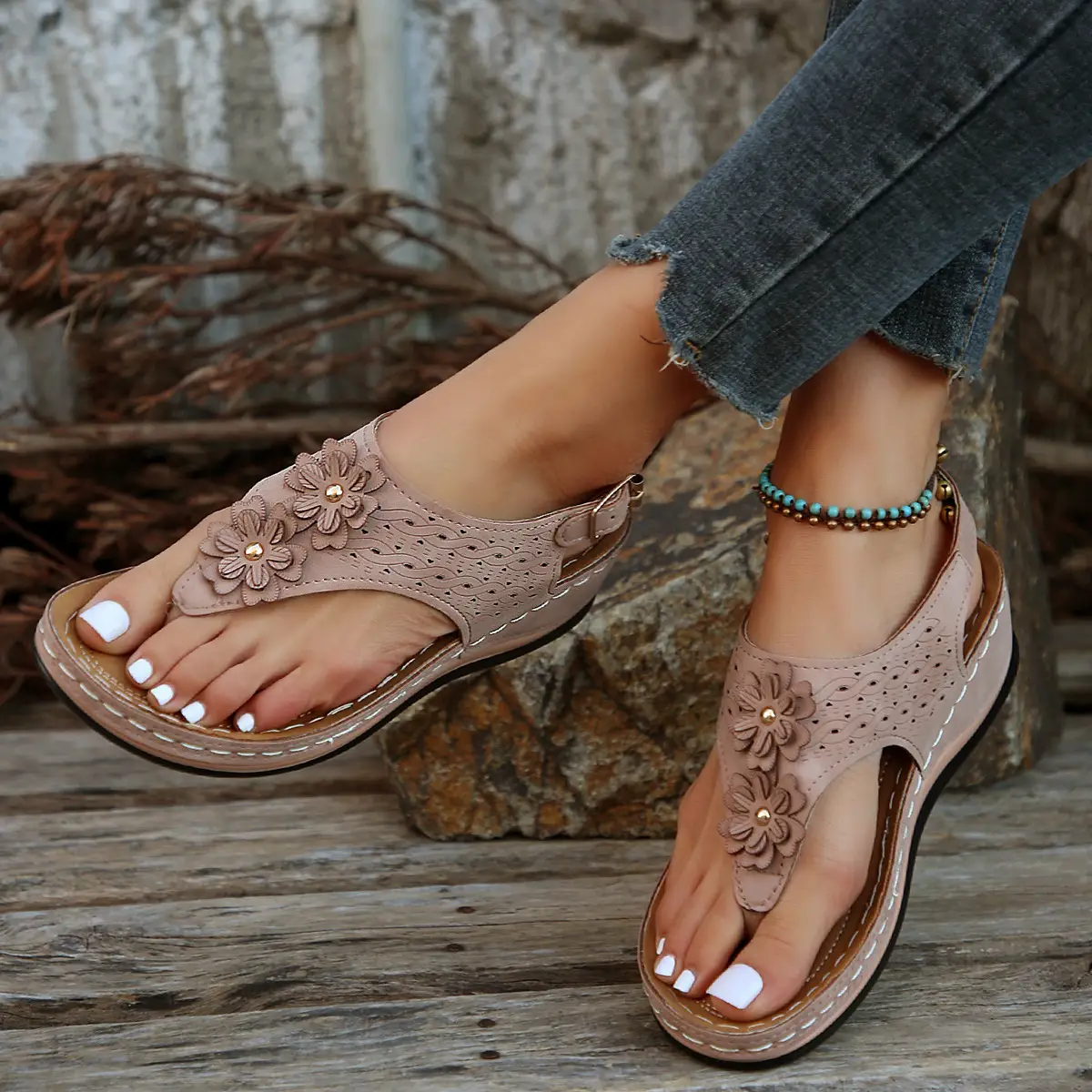 Black Cross-Border Flower Slip-On Sandals Large - Image 8