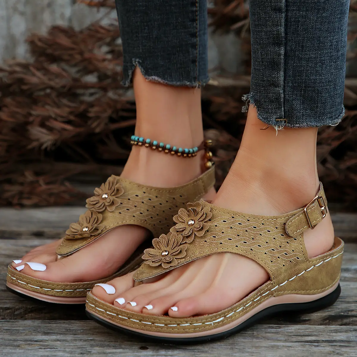 Black Cross-Border Flower Slip-On Sandals Large — feature 13