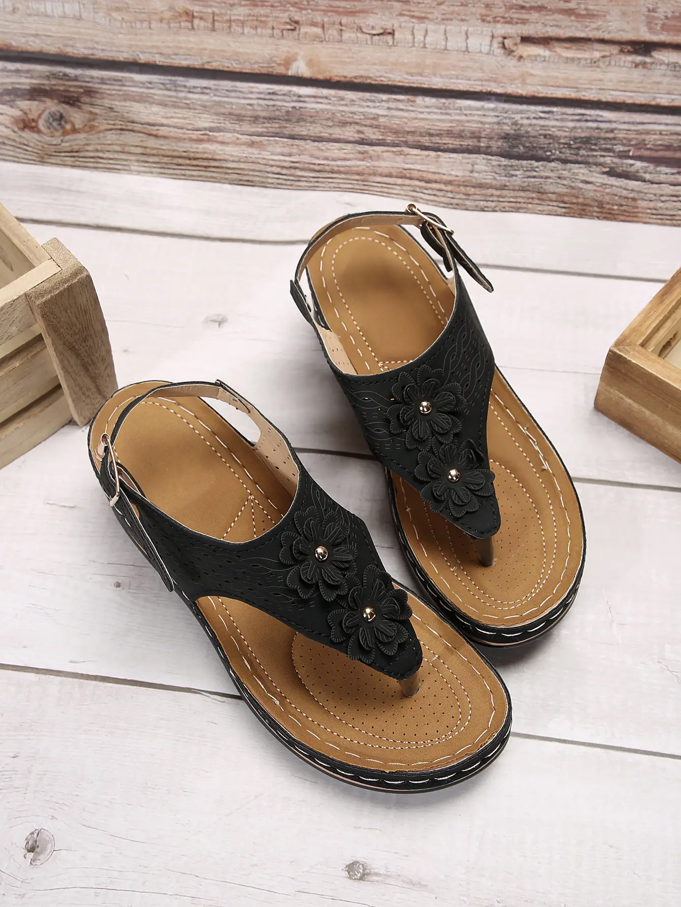 Black Cross-Border Flower Slip-On Sandals Large — feature 15