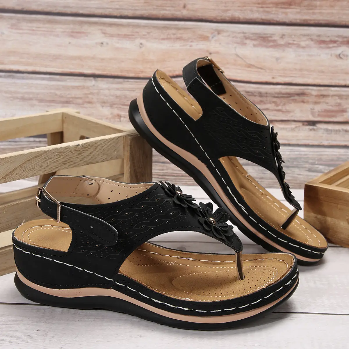 Black Cross-Border Flower Slip-On Sandals Large — feature 16