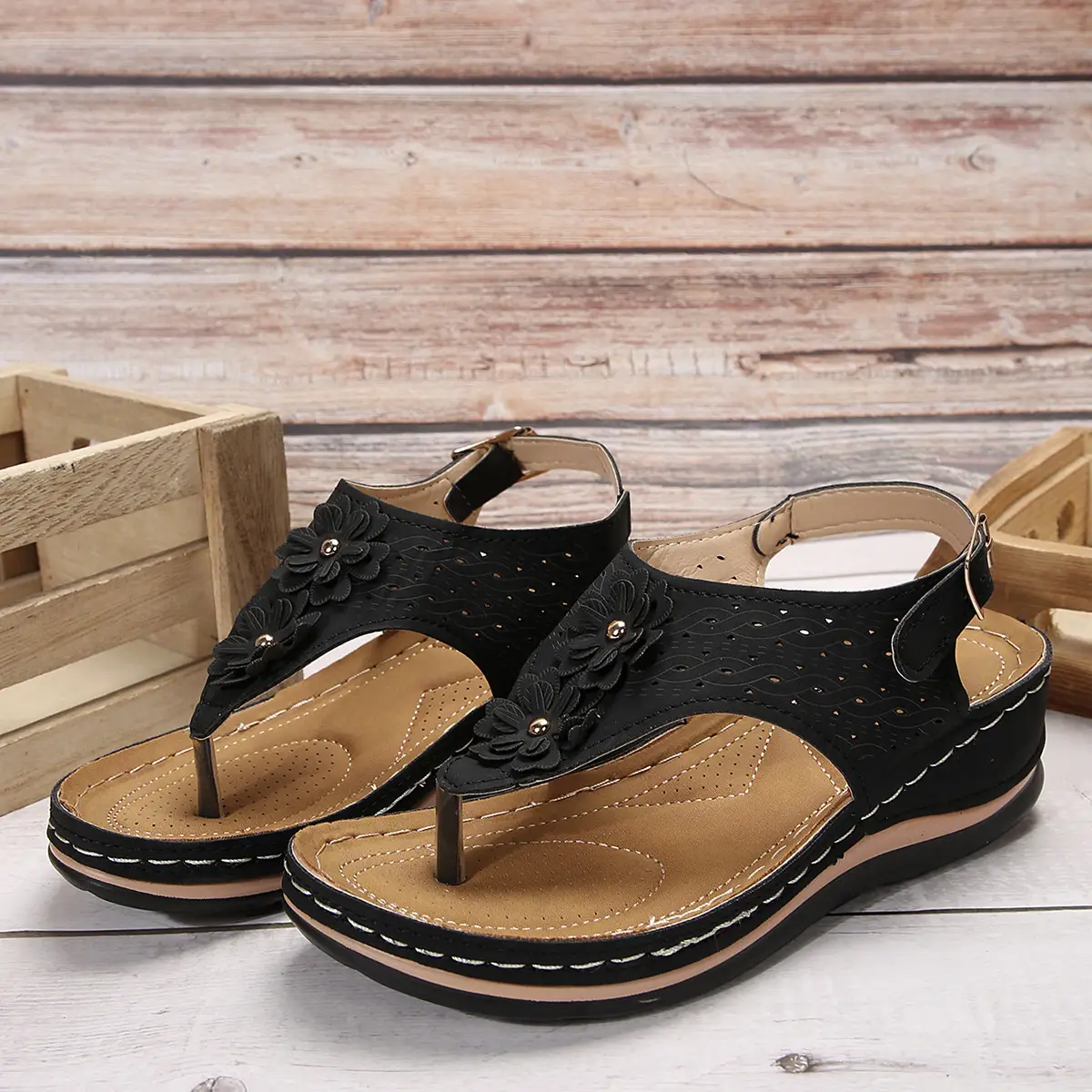 Black Cross-Border Flower Slip-On Sandals Large — feature 17