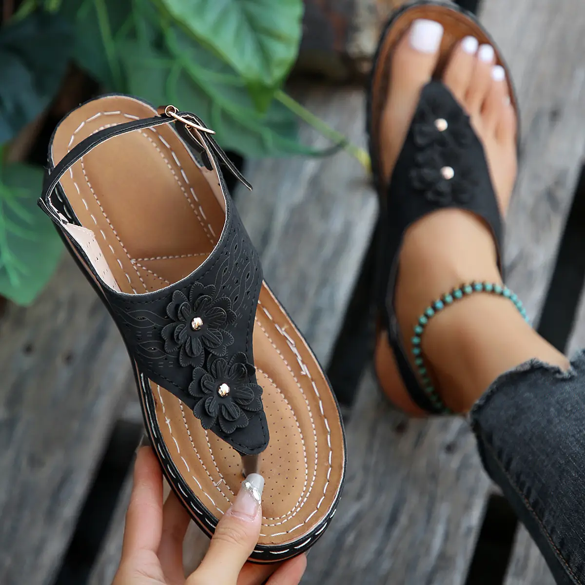 Black Cross-Border Flower Slip-On Sandals Large — feature 18