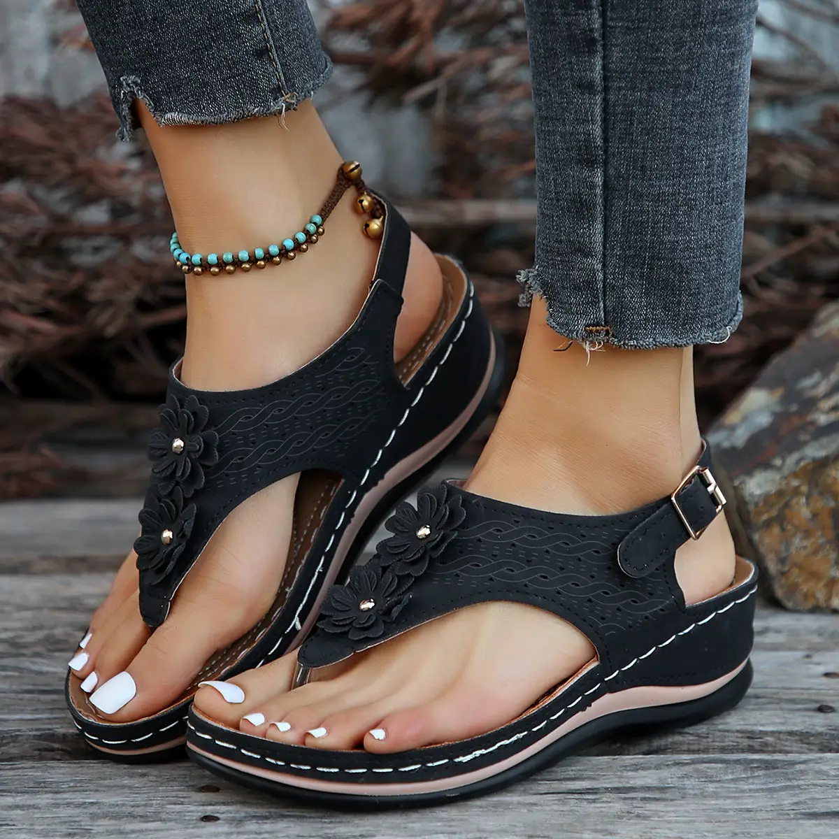 Black Cross-Border Flower Slip-On Sandals Large — feature 19