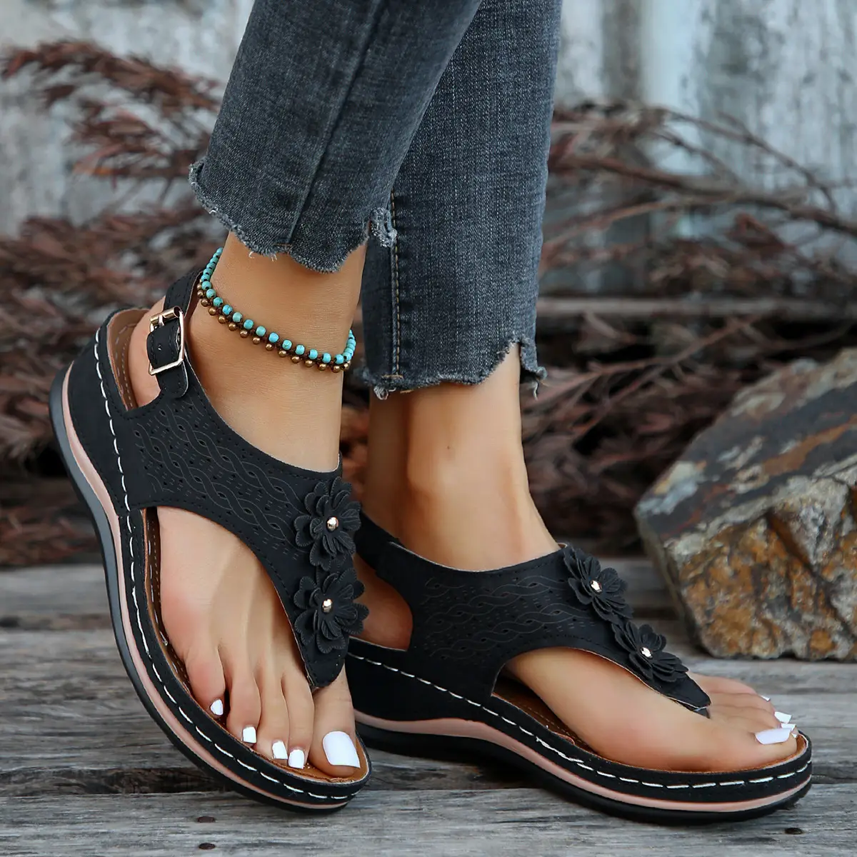 Black Cross-Border Flower Slip-On Sandals Large — feature 20