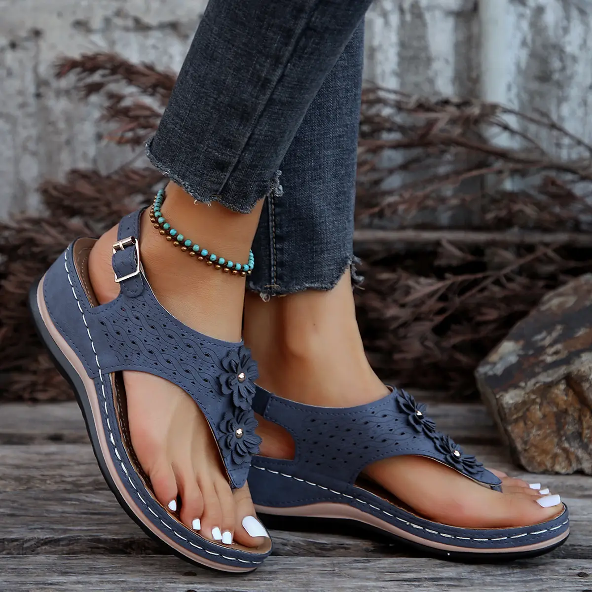 Black Cross-Border Flower Slip-On Sandals Large — feature 27