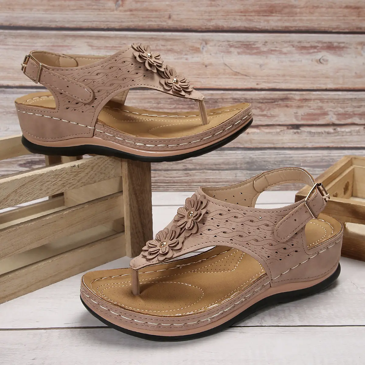 Black Cross-Border Flower Slip-On Sandals Large — feature 3
