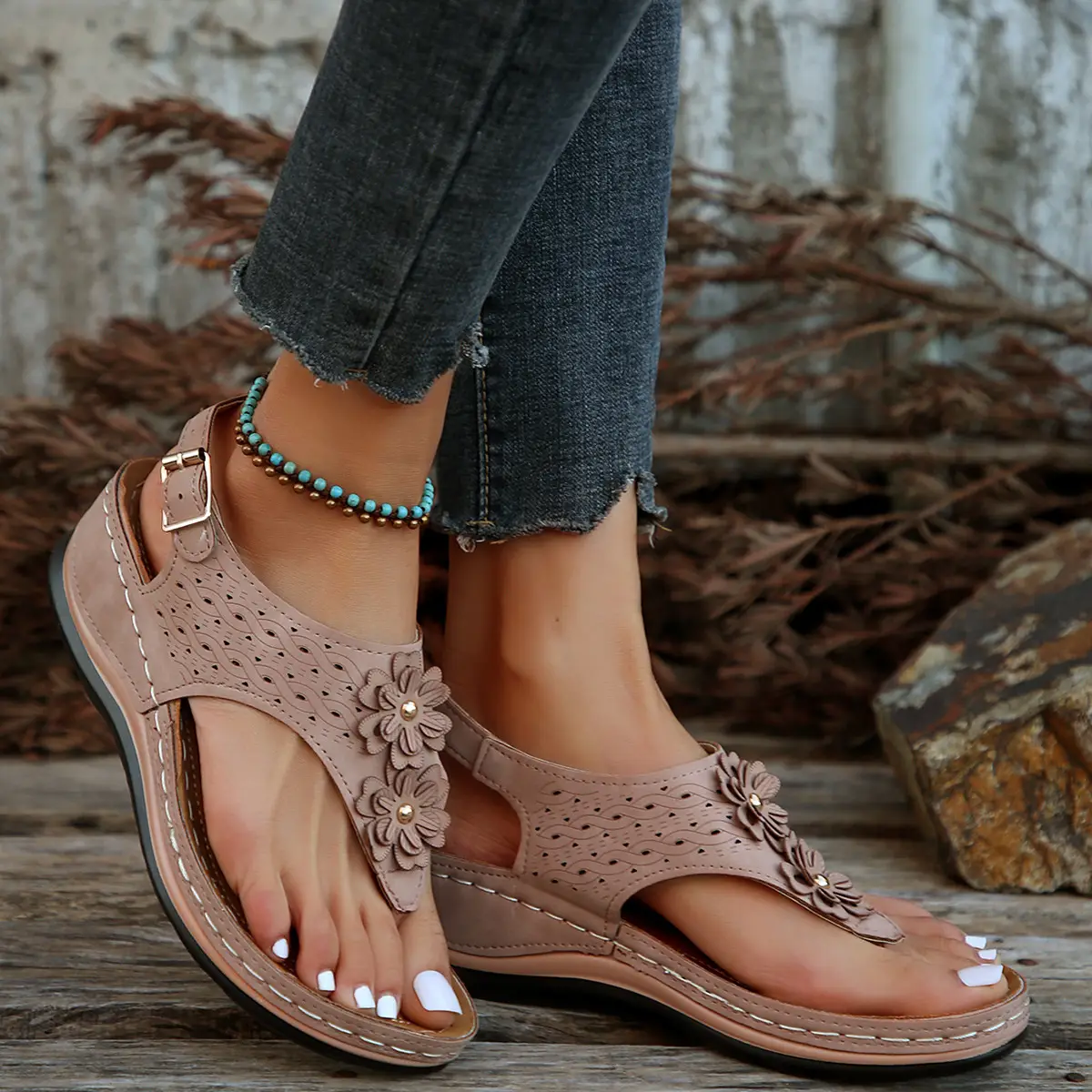 Black Cross-Border Flower Slip-On Sandals Large — feature 7