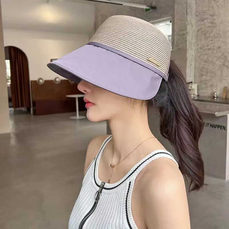Women Straw Sun Hat with Big Bristle Lavender - Image 3