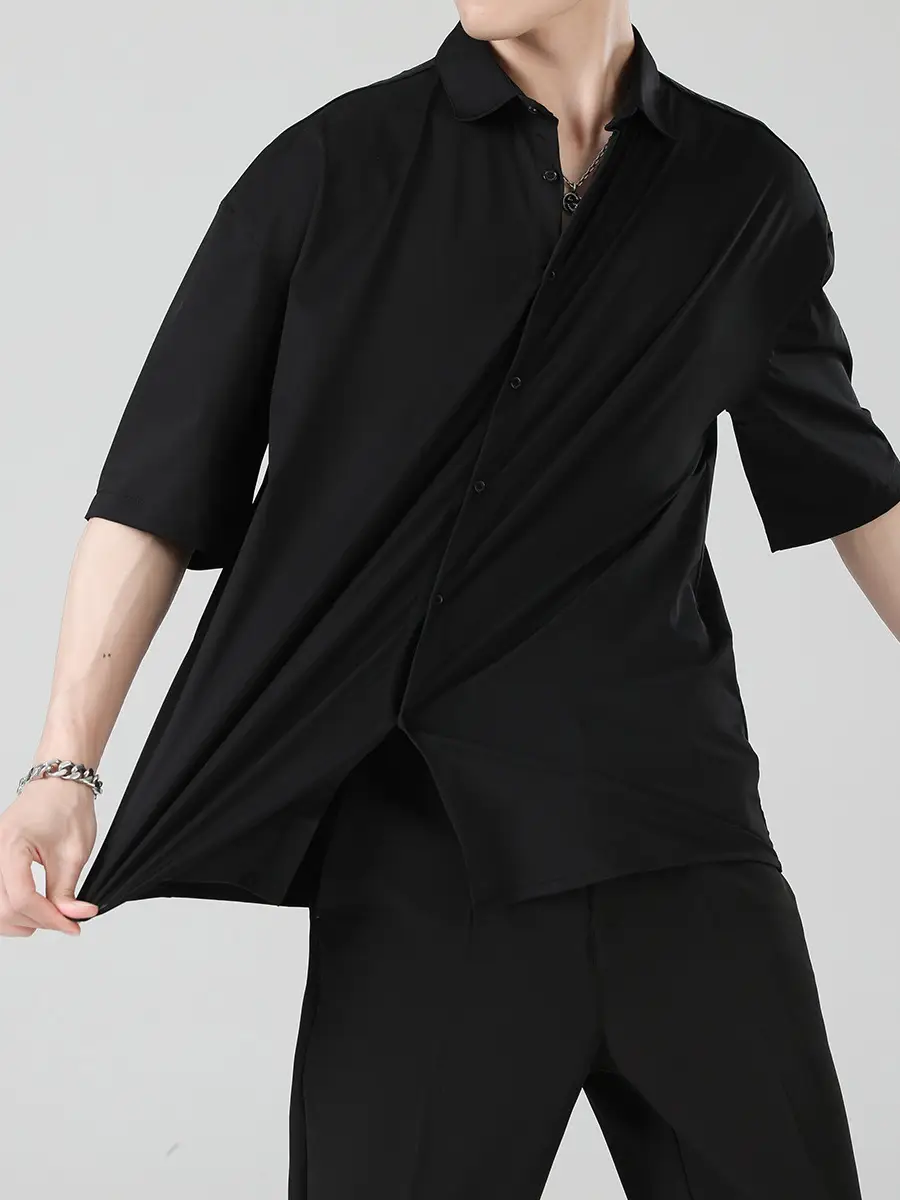 Men Ice Silk Short Sleeve Shirt Black - Image 9