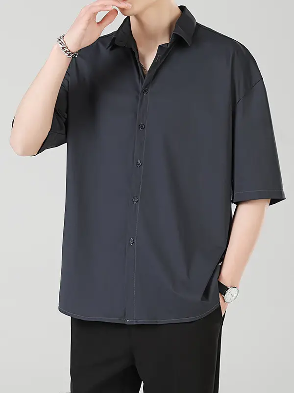 Men Ice Silk Short Sleeve Shirt Black - Image 11