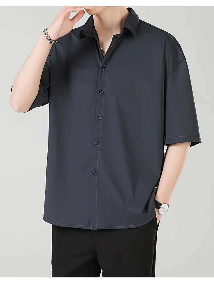 Men Ice Silk Short Sleeve Shirt Black — feature 11