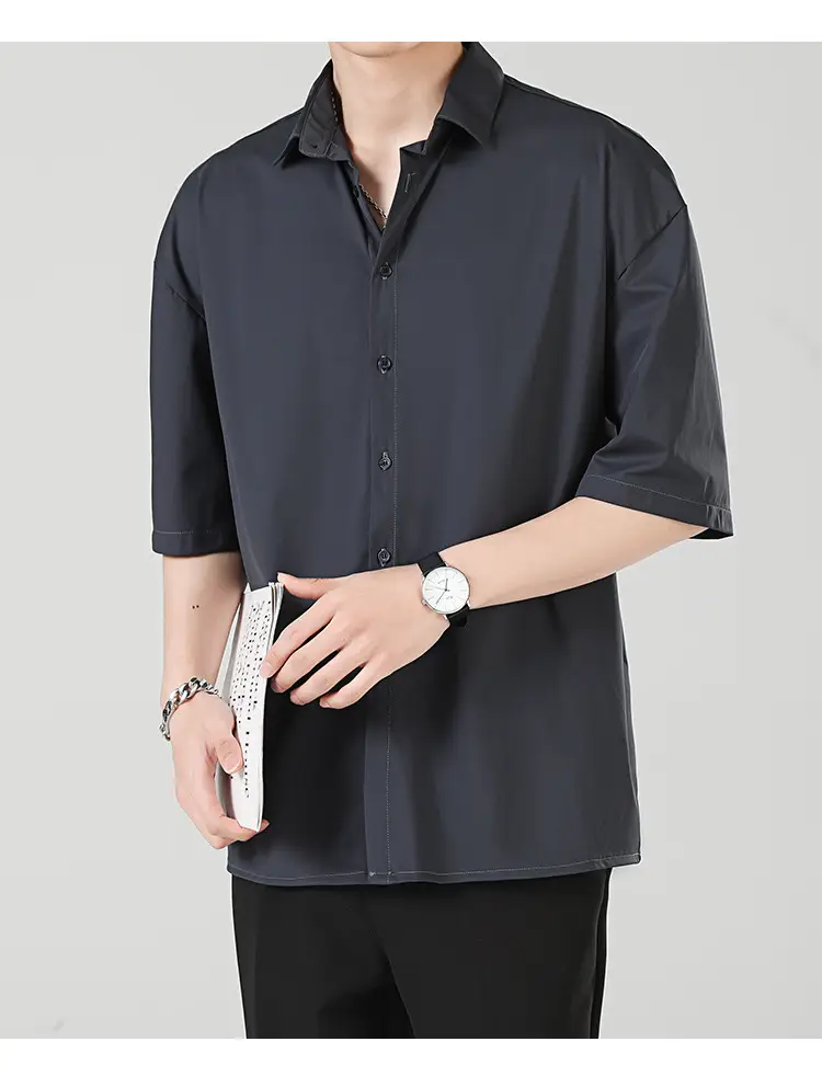 Men Ice Silk Short Sleeve Shirt Black — feature 14