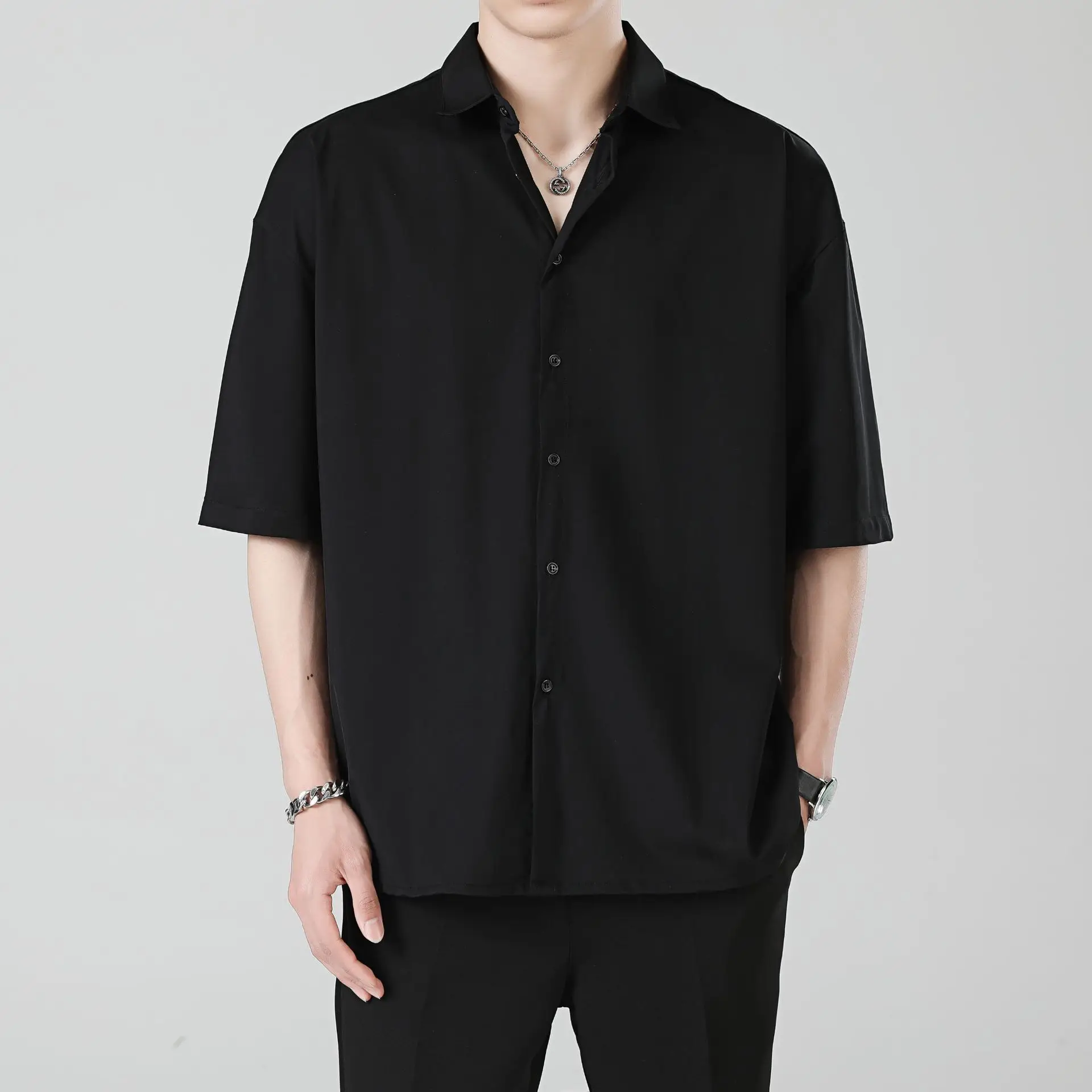 Men Ice Silk Short Sleeve Shirt Black - Image 2