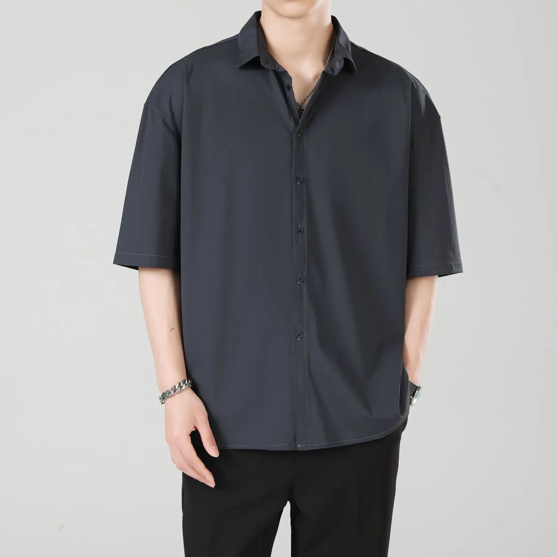 Men Ice Silk Short Sleeve Shirt Black - Image 3